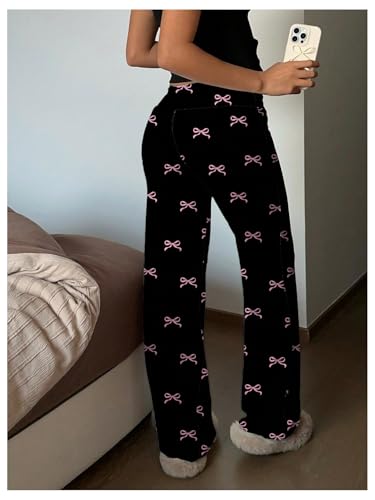 MakeMeChic Women's Bow Elastic Waist Pants Drawstring Straight Leg Y2k Trousers2