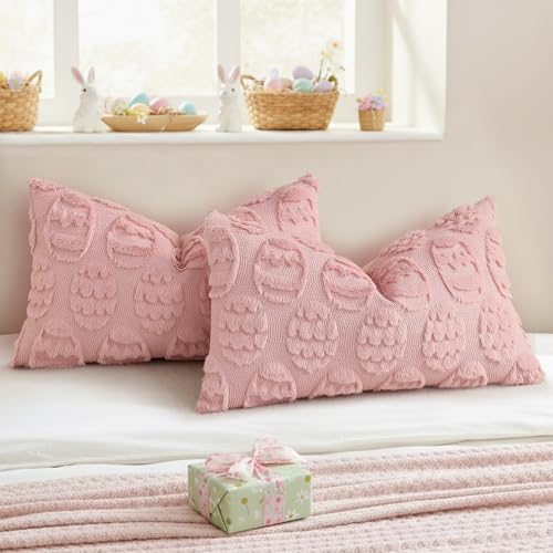 decorUhome Easter Pink Egg Pillow Covers 12x20 Inch Set of 2, Soft Plush Faux Wool Jacquard Cushion Covers, Farmhouse Neutral Fuzzy Spring Easter Holiday Decor for Couch Sofa Bed — view 6