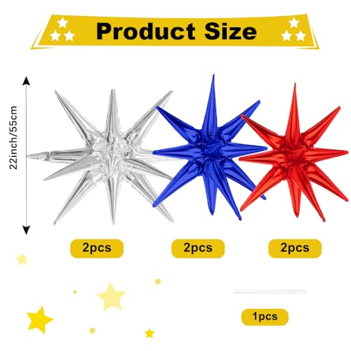 Image of Star Balloons, 22 Inch Blue Red and Silver Star Balloons 6PCS Explosion Foil Balloon Starburst Balloon for Birthday Party Wedding New Year 4th of July Independence Day USA Patriotic Party Decor