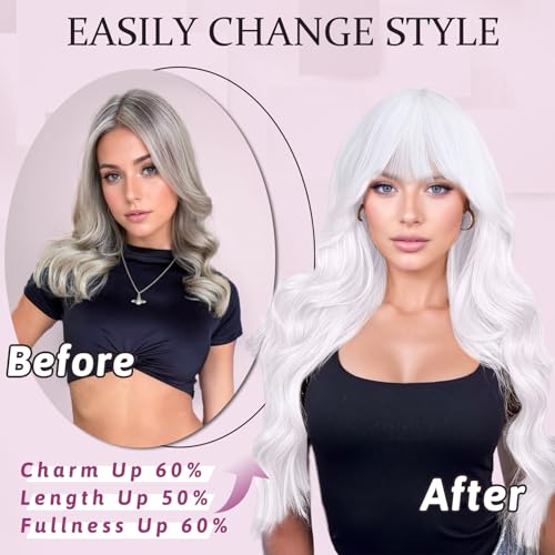 Image of NAYOO White Wigs with Bangs for Women,24 Inch Wavy Synthetic Wig | Natural Looking,Beginner Friendly,Heat Resistant Fiber,Ideal for Daily Wear,Parties & Halloween