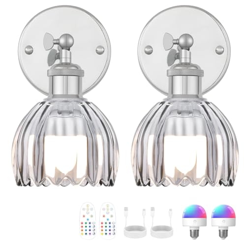 Image of Vintage Battery Operated Wall Sconce, Smoky Gray Tulip Glass Lampshade Wireless Rechargeable Battery Powered LED Wall Light with Remote Dimmable for Bedside Bedroom Living Room, Silver, Set of 2