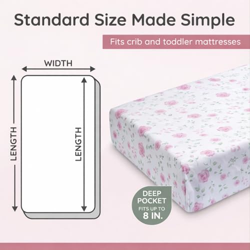 Image of EVERYDAY KIDS 2 Pack Fitted Girls Crib Sheet, 100% Soft Breathable Microfiber Baby Sheet, Fits Standard Size Crib Mattress 28in x 52in, White and Pink Nursery Sheets with Flowers, Roses and Rosebuds