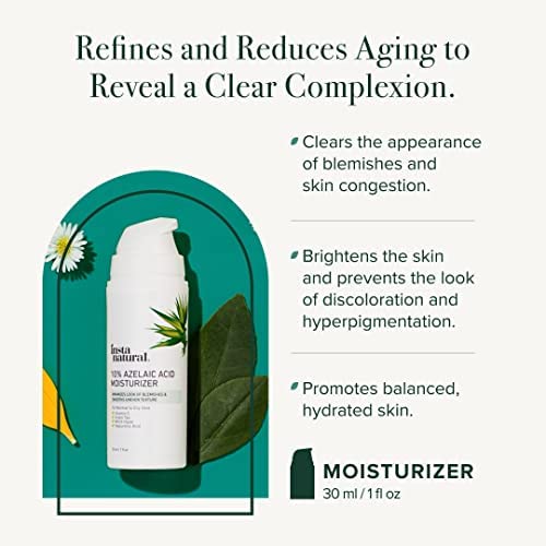 InstaNatural 10% Azelaic Acid Moisturizer - Hyperpigmentation Treatment & Pore Minimizer - Lightweight Hydrating Face Cream for Blemish & Aging - Green Tea, Witch Hazel & Hyaluronic Acid - 1 oz