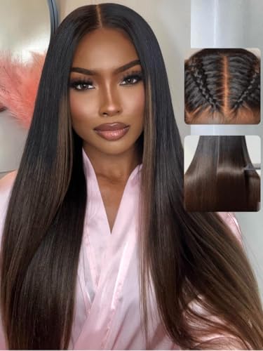 UNICE Chestnut Brown Ombre Yaki Straight 7x5 Pre Cut HD Lace Front Wigs Human Hair with Drawstring Bye Bye Knots Glueless Wig Pre Plucked Bleached Knots Natural Hairline 150% Density 22 inch
