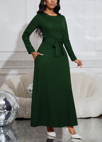 Image of BubFee Long Dress for Women Casual Long Sleeve Dresses Maxi Dress Empire Waist Loose with Belt