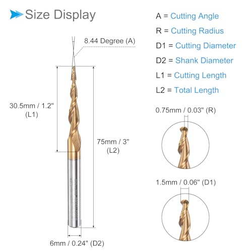Image of Tapered Ball Nose End Mill, 0.75mm Radius 6mm Shank 8.44 Degree Angle, TiSiN Coated Micro-Grain Carbide 2 Flute Milling Cutter - (Applications: for Stainless Steel Hardened Steel)