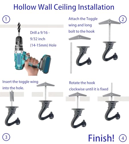 OBSTKUCHEN 8 Sets Swag Ceiling Hooks Heavy Duty Swag Hook with Hardware for Hanging Plants Ceiling Installation Cavity Wall Fixing (Black) - Image 6