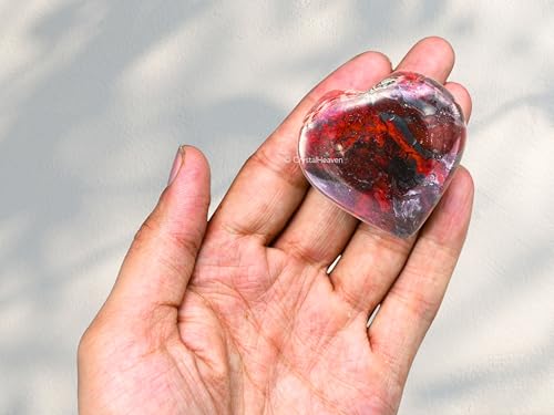 Image of Certified Red Jasper Hematite Crystal Heart Palm Pebbles Stones for Anxiety Stress Relief Massage - AAA Grade Original Healing Gemstone Agate Heart Palm Stone for Yoga Meditation Spiritual