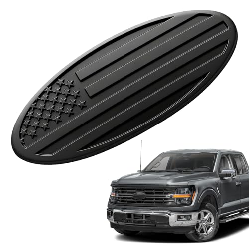 ESWW Front Grill Emblem for Ford, 9' Aluminum Front Grille Rear Tailgate Badge American Flag Oval Patriotic Hood Label for Ford F150 F250 F350 Edge Explorer Expedition Mesh Grille Decoration (Black)