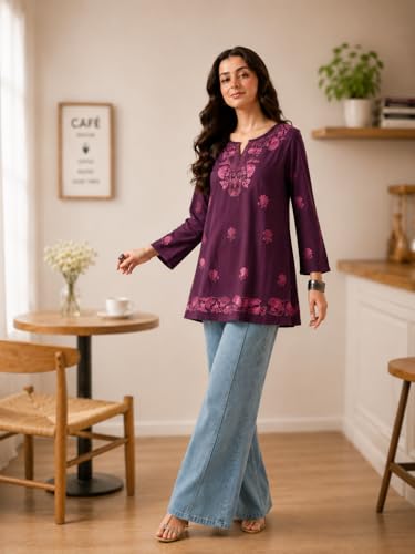 Image of QAZMI Women's Zayesha Aari Embroidered Viscose Rayon A-Line Flared Short Kurti