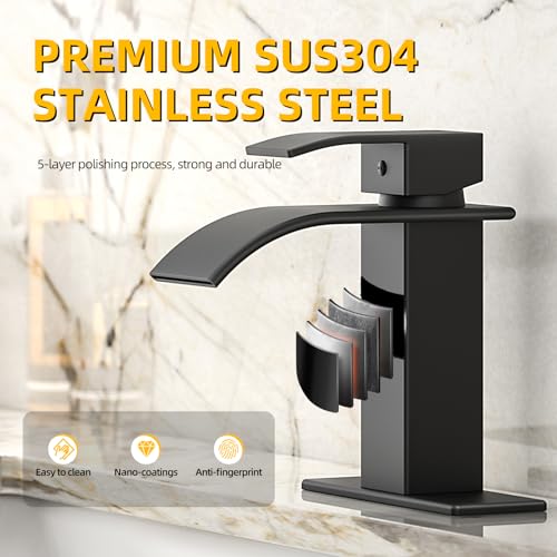 Ryuwanku Bathroom Faucet Matte Black Modern Waterfall Bathroom Sink Faucet with Single Handle Suitable for 1 or 3 Holes,Supply Deck Plate and Hose - Image 6