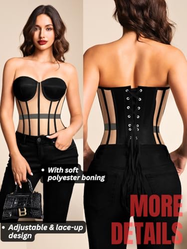Image of Kaei&Shi Sheer Mesh Overbust Corset,Sexy Strapless Lace Up Satin Bra Corsets Top For Women Shapewear