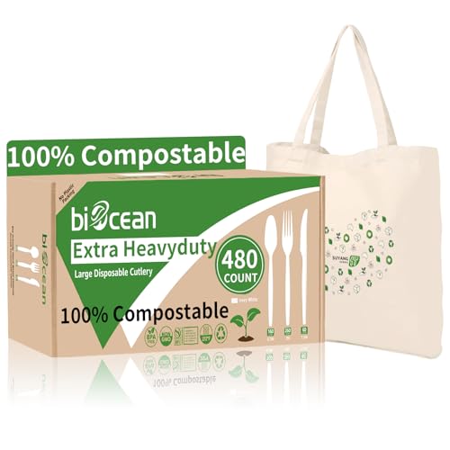 Image of Extra Heavyduty Compostable Cutlery Set No Plastic Forks Spoons Knives Disposable Utensils Biodegradable Fork Eco Friendly Silverware Serving Flatware for Party,BBQ,Daily Use,Events,Picnic