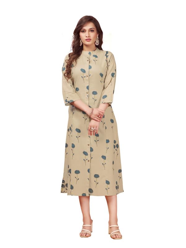 DishaniA- Line Kurtis for Women, Princess Cut, 3/4th Sleevs & Calf Length, Fine Prints Pure Cotton Soft Feel | Stylish & Trendy A- Line Kurtis Princess Cut - (Beige, DFI_CRY_2038_P)