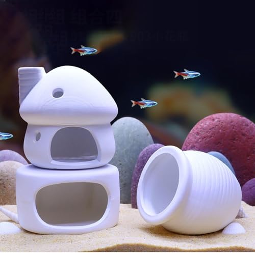 Image of RUIAN Aquarium Mushroom House Decorations with Betta Fish Cave, Ceramic Cichlid Caves for Aquarium, Fish Tank Decoration, Syrian Hamster (White)