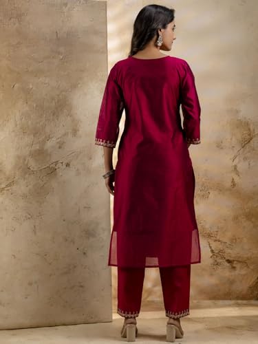 Image of VredeVogel Women's Chanderi Silk Embroidered Kurta with Pant & Organza Dupatta Set | Casual Outfit Ethnic Kurta Set for Women | Modern & Traditional Blend Ethnic Wear