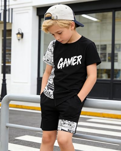 Image of OLMRJKD Boys 2 Piece Outfits Short Sleeve Colorblock T-shirt and Shorts Summer Casual Clothes for 6-12 Years
