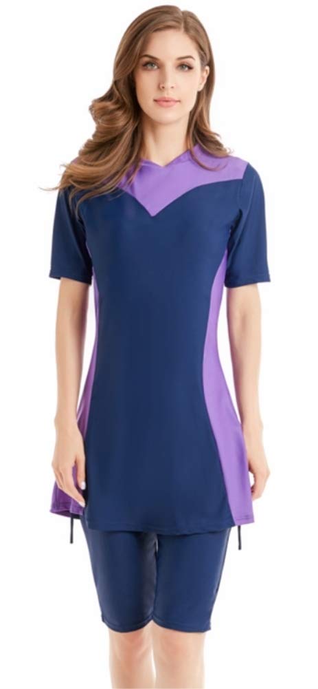 New Muslim Swimwear Islamic Costume Women Short Sleeve Flower Modest Swimsuit Beachwear Burkini (Purple, XL)