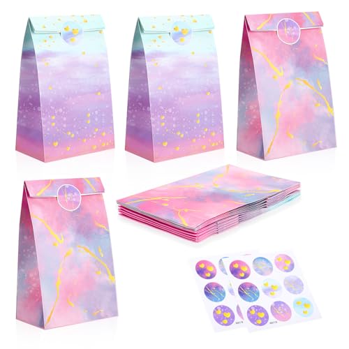 Partideal 12 Regenbogen Geschenktüten Kindergeburtstage mit 18 Aufkleber, Papiertüten Candy Bunte Geschenktüte, Candy Tüten Süssigkeiten Beutel, Geschenktüten zum Verpacken von Geschenken