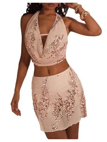 MakeMeChic Womens Sequin Skirt Sets Glitter Draped Halter Mesh Top and Mini Skirts 2 Piece Beach Vacation Outfits Champagne Small