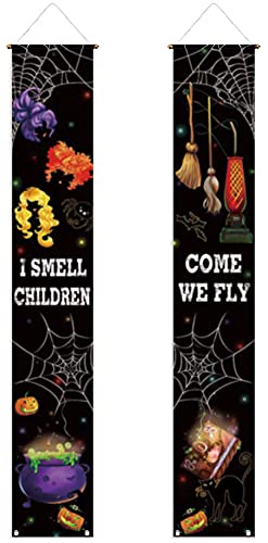 Allenjoy Halloween Witches Theme I Smell Children Porch Sign Door Banner for Girl Broom Welcome Party Supplies Decorations Flag 