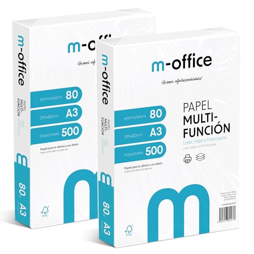 Paquete Folios A3 80gr, 2 Paquetes de 500 hojas, Papel Multifunción para Impresora Inkjet y Láser, Hojas A3 297 x 420 mm Ideales para la Oficina como para el Hogar · m office (1000 hojas)