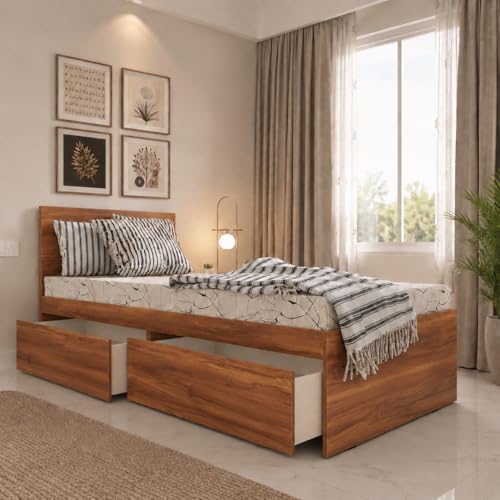 Image of Studio Kook Tribe with Headboard Engineered Wood Single Bed with Drawers (Amber Walnut, Left Side Drawer)