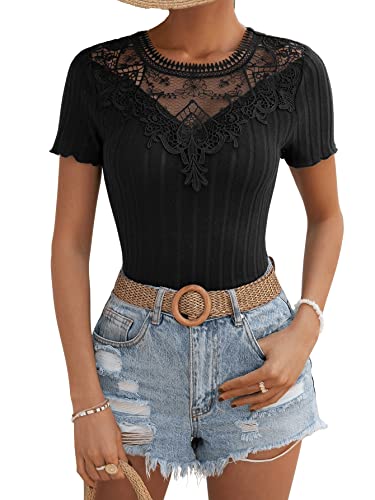 GORGLITTER Spitzentop Damen Kurzarm Tshirt Mit Spitze Rippenstrick Top Sexy...