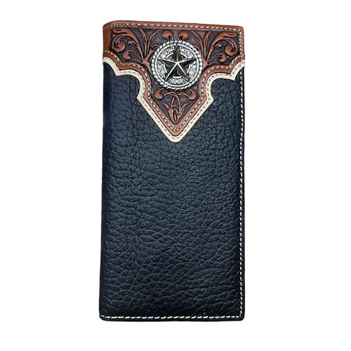 Urbalabs Mens Long Wallet Black Leather Soft Leather Tooled Checkbook Style Cowboy Hand Crafted High End Mens Wallets Leather Lone Star Rodeo Concho Gifts For Men