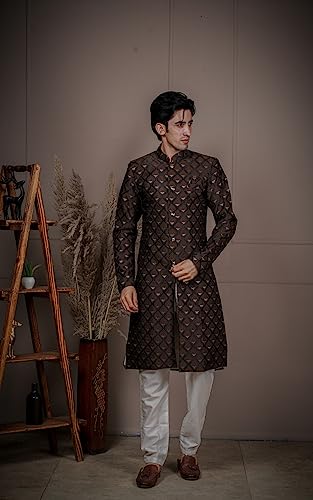 Image of Amzira Men's Soft Cotton Indo Western Kurta Pyjama Set with Mandarin Collared Neck Long Sleeves Button Closure and Solid Pant
