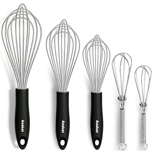 Anaeat Stainless Steel Kitchen Whisk Set of 5, Milk and Egg Beater Blender with Thick Wire for Whisking, Cooking, Baking, Beating and Stirring - 5'+7' Mini Whisk and 9''+11''+12'' Balloon Whisks