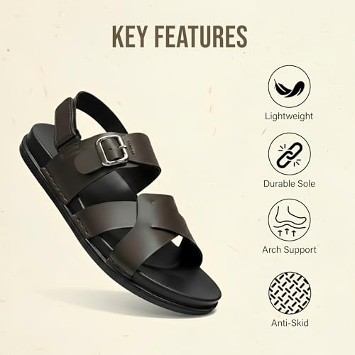Image of Men's Premium Leather Toe Loop Slippers | Adjustable Buckle Slip-On Flats | Comfortable Cushioned Footbed | Casual Summer Beach Walking Slippers | Brown