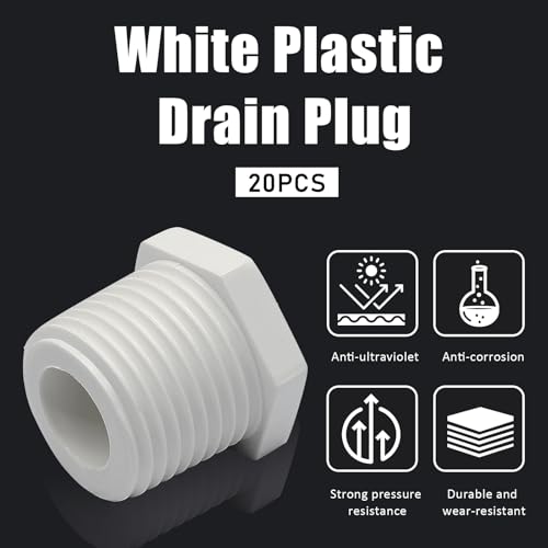 Image of 1 Inch NPT PVC Hot Water Heater Drain Plug, White, 20 Pieces | Plastic PVC Pipe Fittings, End Caps, Hot Tub Drain Plug Fittings, Coupling Adapter