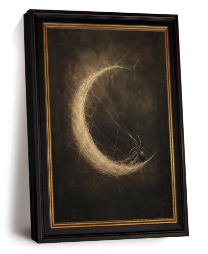 Gothic Spider Web Moon Framed Wall Art, Halloween Canvas, 12 x 16 In