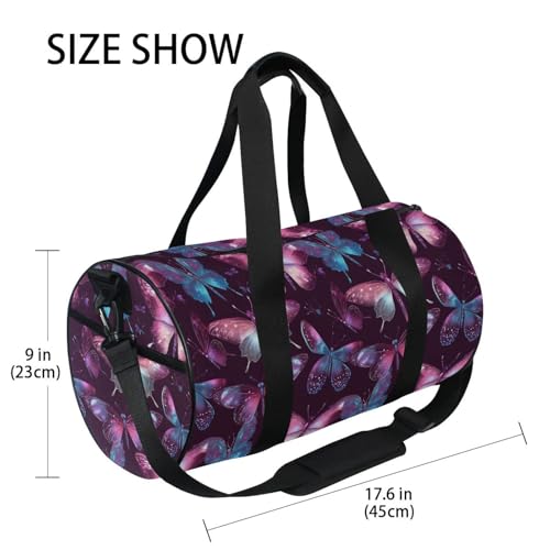 Purple Butterfly Sports Duffel Bag Full Print Barrel Gym Bag with Adjustable Shoulder Strap, Multiple Pockets for Workout Travel and Sports Durable Polyester with Microfiber Leather Accents4