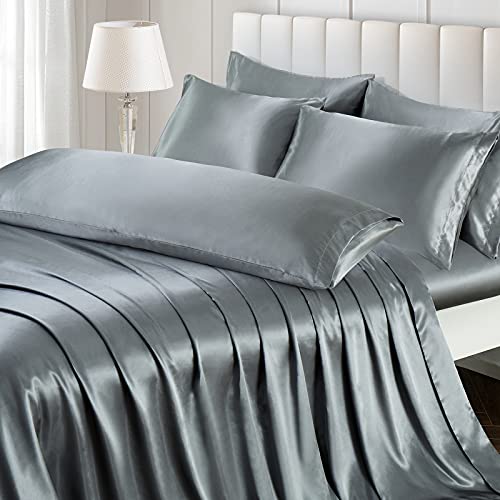 Image of Ersmak 7 Pieces Satin Sheets Set Queen Size, Luxury Silky Grey Satin Bed Sheets Set with 1 Deep Pocket Fitted Sheet, 1 Soft Flat Sheet, 4 Queen Pillowcases and 1 Body Pillowcase