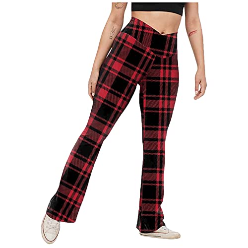 Women's Plaid Bootcut Yoga Pants - Flare Leggings For Women High Waisted Workout Lounge Bell Bottom Jazz Pants Red #TOP5