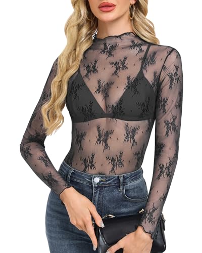 WNEEDU Sexy Blusa Ajustada de Encaje para Mujer Camiseta Manga Larga Blusas Transparente Malla Cuello Alto con Volantes Negro L