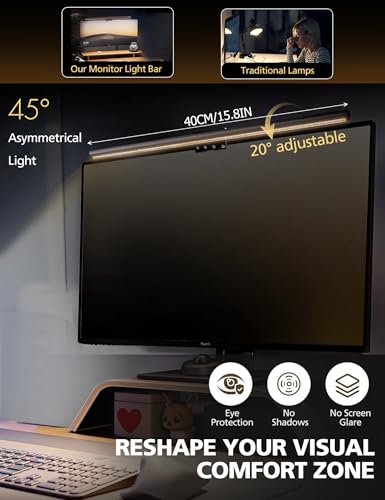 Image of Monitor Light Bar 15.8 inch, No-Glare Asymmetric Desk Screen Lamp | Auto-Dimming USB Reading Lamps, CRI Ra97, 2700K-6500K & Stepless Dimming, Touch Control, 5V /2A Adapter for Home Office