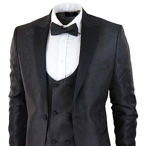 Mens Paisley Tuxedo Blazer and Waistcoat Brocade Dinner Jacket Satin Black Fit4