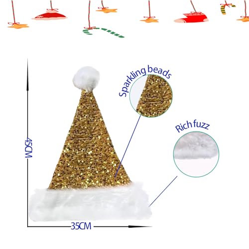 Gold Sequin Santa Hat Christmas Hat for Kids,Adults,30*45cm Luxury Xmas Hat Plush Santa Claus Hat,Unisex Christmas Party Hat,Father Christmas Hat Costume Gifts for Women,Men Xmas New Year Party Hat - Image 2