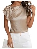 SOLY HUX Women's Metallic Tops Bow Tie Mock Neck Cap Sleeve Elegant Blouse Pure Gold Small