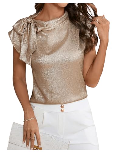 SOLY HUX Women's Metallic Tops Bow Tie Mock Neck Cap Sleeve Elegant Blouse