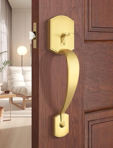 Image of Tinewa Gold Camelot Trim Lower Half Handleset, Upgated Entry Door Handle with Accent Wave Door Lever, Gold Front Door Handleset, Interior Left Handed Lever