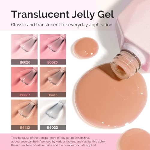 Image of MelodySusie Jelly Gel Nail Polish Set,6 Transparent Colors,Milky or Jelly Texture,Classic Basic Colors Soak Off UV LED Light Cure or Salon Manicure and Nail Art DIY at Home
