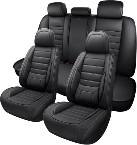 Image of MINGBRON Black Car Seat Cover with Lumbar Support, Car Seat Protector Waterproof, Nappa Leather Car Seat Cushion, Car Seat Covers Front Seats and Back Fit for Most Cars