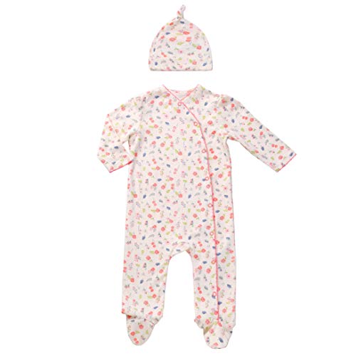 Asher and Olivia Baby Girl's 1-Pack Long-Sleeve Kimono Footed Pajamas: Side Snap Infant Footies with Hat Cream Cute Print- Size (0-3 Months)