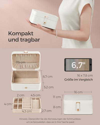 SONGMICS GISELLA Kollektion - Schmuckkästchen Reise mit 2 Ebenen, Schmuckkasten klein, Schmuckaufbewahrung, tragbar, für größere Accessoires, Geschenkidee, 11,6 x 16 x 7,5 cm, wolkenweiß JBC166W01