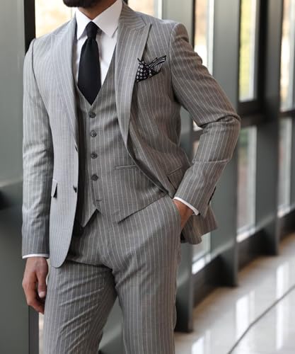 Wangyue Pinstripe Suits for Men Slim Fit 3 Piece Stripe Suit Men Wedding Formal Business Elegant Two Button Prom Tuxedo2