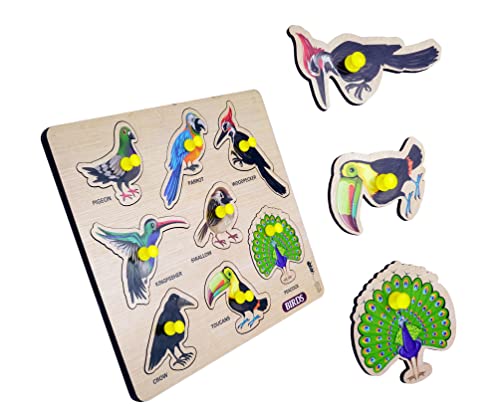 Image of Birds Wooden Puzzle for Kids Educational Interactive Montessori Learning Toy Colorful Wooden Bird Peg Puzzle for Toddlers & Preschoolers Early Cognitive Development Safe & Durable Playset